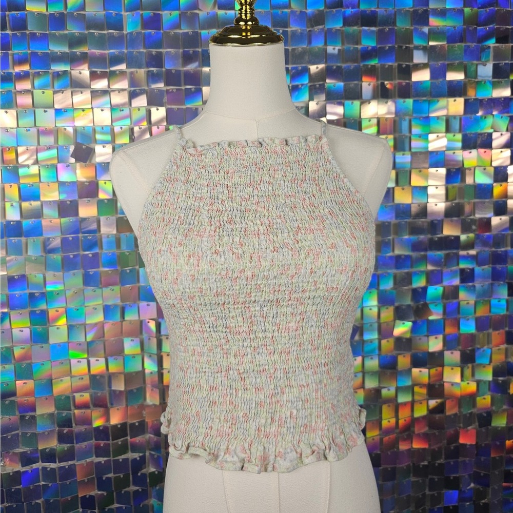H&M Smocked Tank Top Womens Medium Pastel‎ Floral Excellent Shirred Lettuce Trim